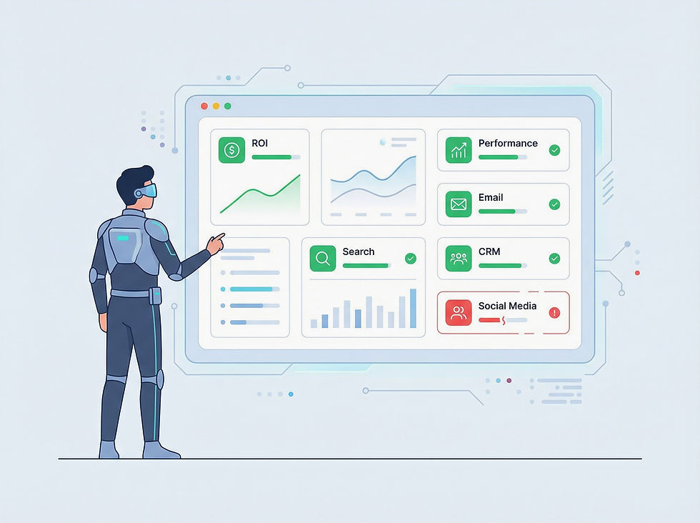 Moderná 2D flat ilustrácia pre blogový článok o digitálnom marketingu v roku 2026. Marketér sleduje dashboard s ROI, Search, Performance kampane, Email a CRM zvýraznené ako stabilné kanály, zatiaľ čo social media má slabší signál. Čistý profesionálny štýl, jemné futuristické prvky, dátové grafy, minimalistický marketingový dizajn, svetlé pozadie, vysoká čitateľnosť