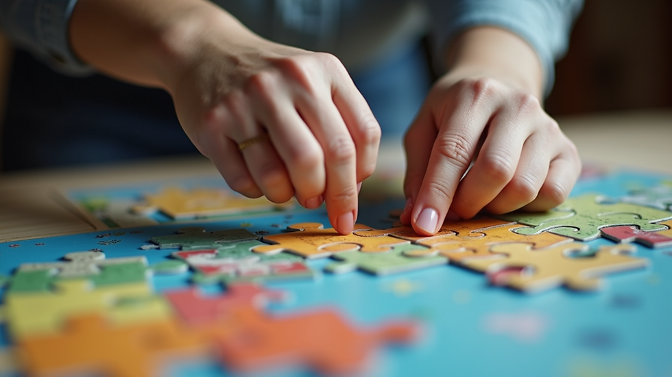 Close-up view of a colorful jigsaw puzzle being assembled on a table