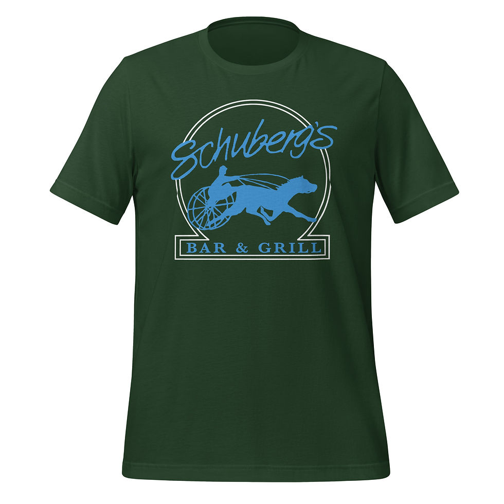 Thumbnail: Front of a forest green t-shirt with blue Schuberg's Bar & Grill text and logo with white outline.