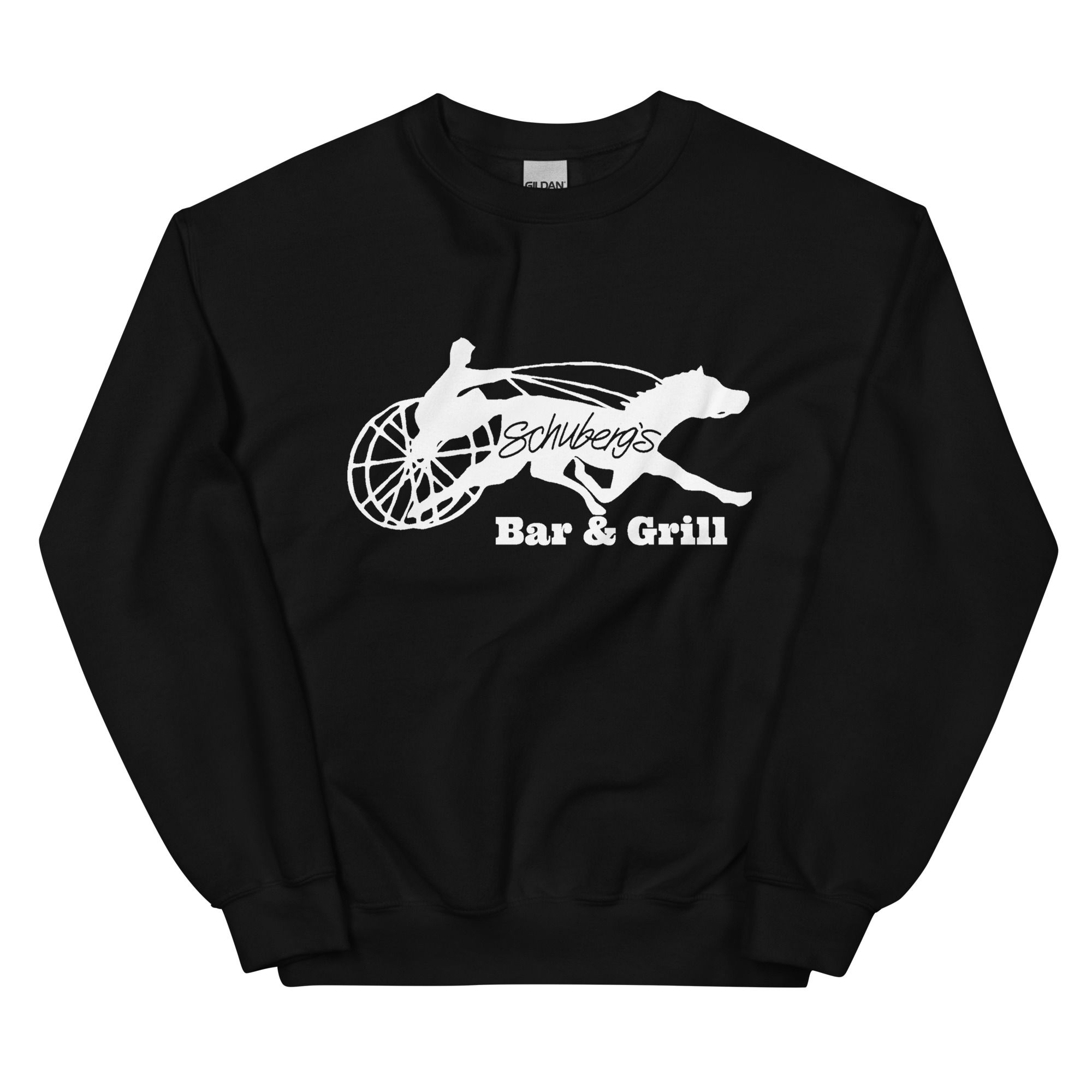 Front of a Black crewneck sweater with a large white Schuberg's Bar & Grill horse racer logo and text.