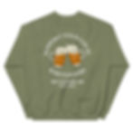 Thumbnail: Back of a Military Green crewneck sweater featuring a two-beer mug logo and "Support your local bartenders" and "Big Rapids, MI" text.