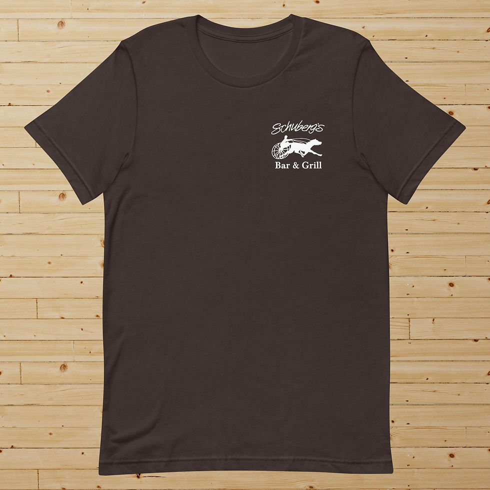 Front of a Brown t-shirt featuring a left chest horse logo and "Schuberg's Bar & Grill" text.