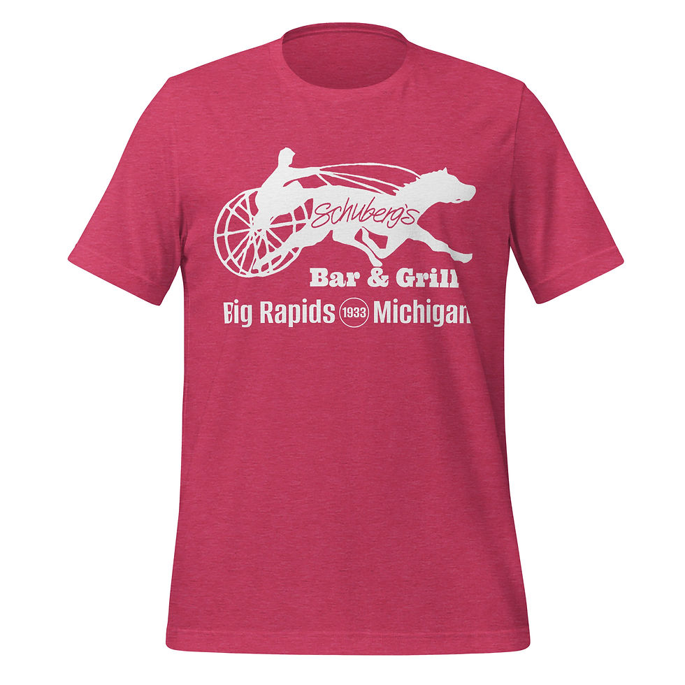 Thumbnail: Front of a heather raspberry T-shirt with white printed Schuberg's Bar & Grill text and Horse rider logo. White text under logo "Big Rapids, Michigan."