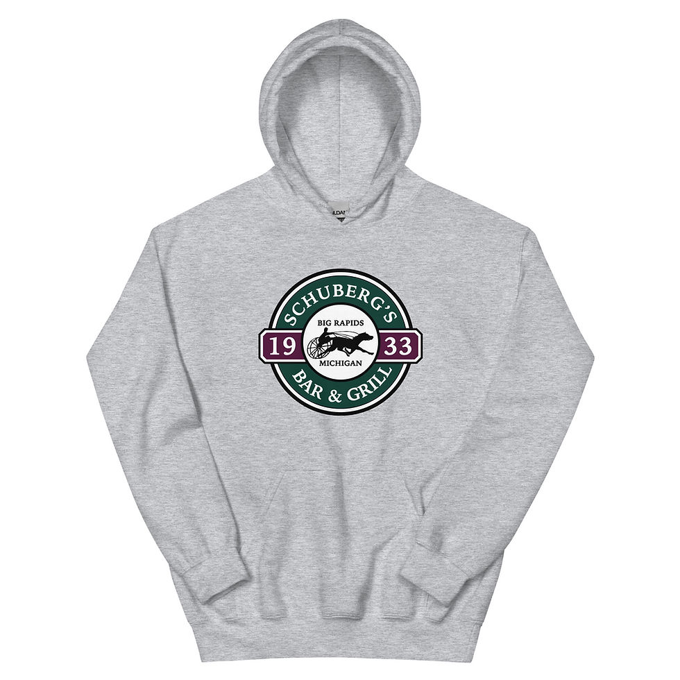 Thumbnail: Sports Grey hoodie with a circle dark green, maroon, and white Schuberg's Bar & Grill logo. Black horse rider in the middle. Text 1933, Big Rapids, Michigan, and Schuberg's Bar & Grill in white.