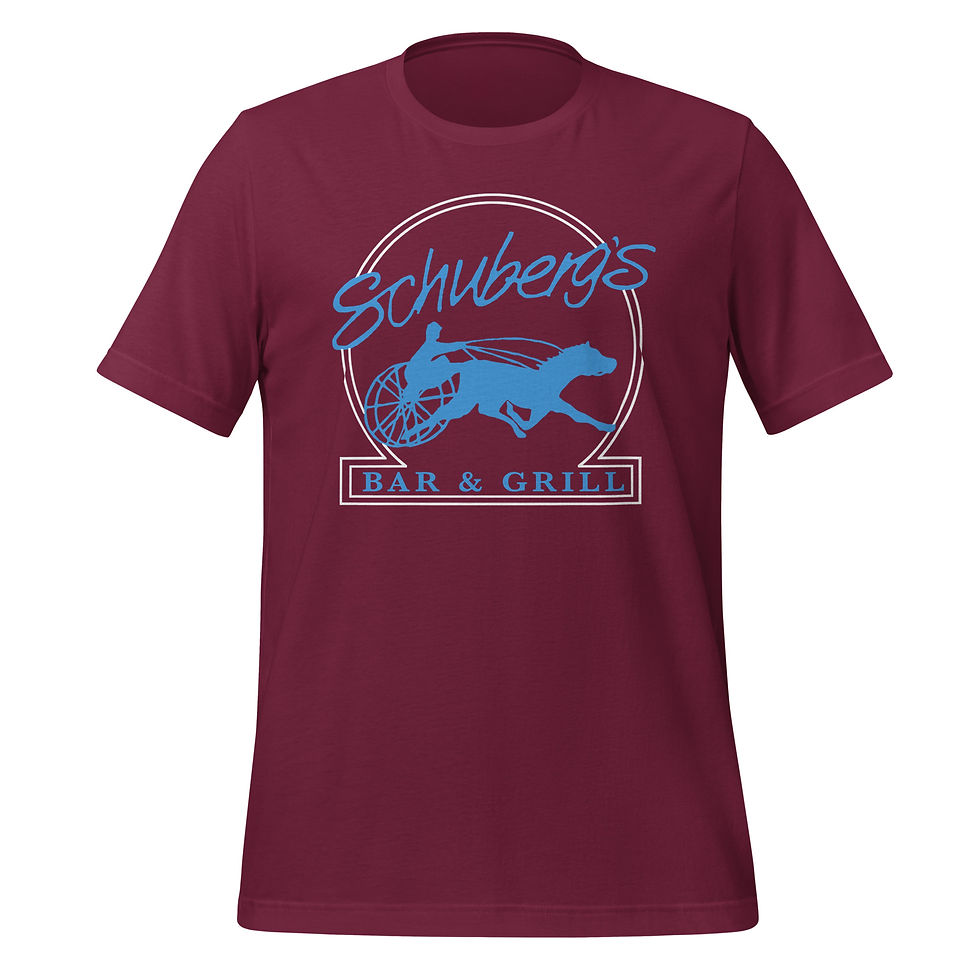Thumbnail: Front of a maroon t-shirt with blue Schuberg's Bar & Grill text and logo with white outline.