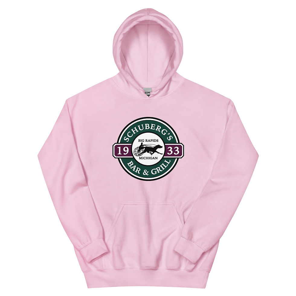Thumbnail: Light Pink hoodie with a circle dark green, maroon, and white Schuberg's Bar & Grill logo. Black horse rider in the middle. Text 1933, Big Rapids, Michigan, and Schuberg's Bar & Grill in white.