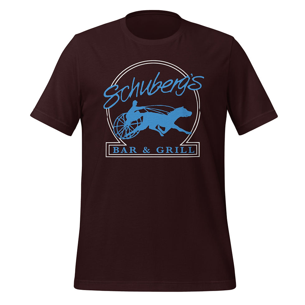 Thumbnail: Front of an oxblood black t-shirt with blue Schuberg's Bar & Grill text and logo with white outline.