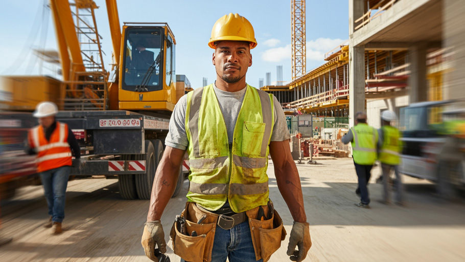 Construction worker wearing a yellow helmet and vest stands confidently on a busy site. Background includes cranes, workers, and vehicles.