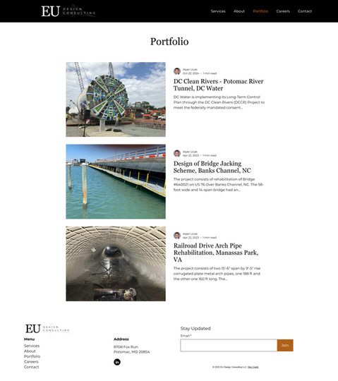 This blog feed displays three featured articles, each highlighting recent projects. It can also be used to display content like industry news, or engineering resources. The layout is clean and functional, serving as both a project showcase and a resource hub for readers.