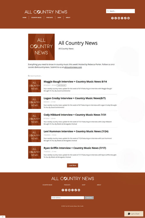 This podcast page features a full episode list connected through an embedded RSS feed, ensuring new episodes appear automatically. The layout is fully themed to match the website, with a clean header, clear navigation, and social media links placed at the top to encourage engagement. A live chat box adds an interactive element, allowing real-time conversation with listeners or support for new subscribers. A prominent subscriber bar and well-structured footer support both SEO and user experience.