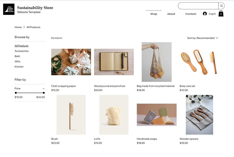 Sustainability online store website template product grid showing eco goods like wrapped gifts, journal, recycled bag, brushes, soaps, and wooden spoons with prices