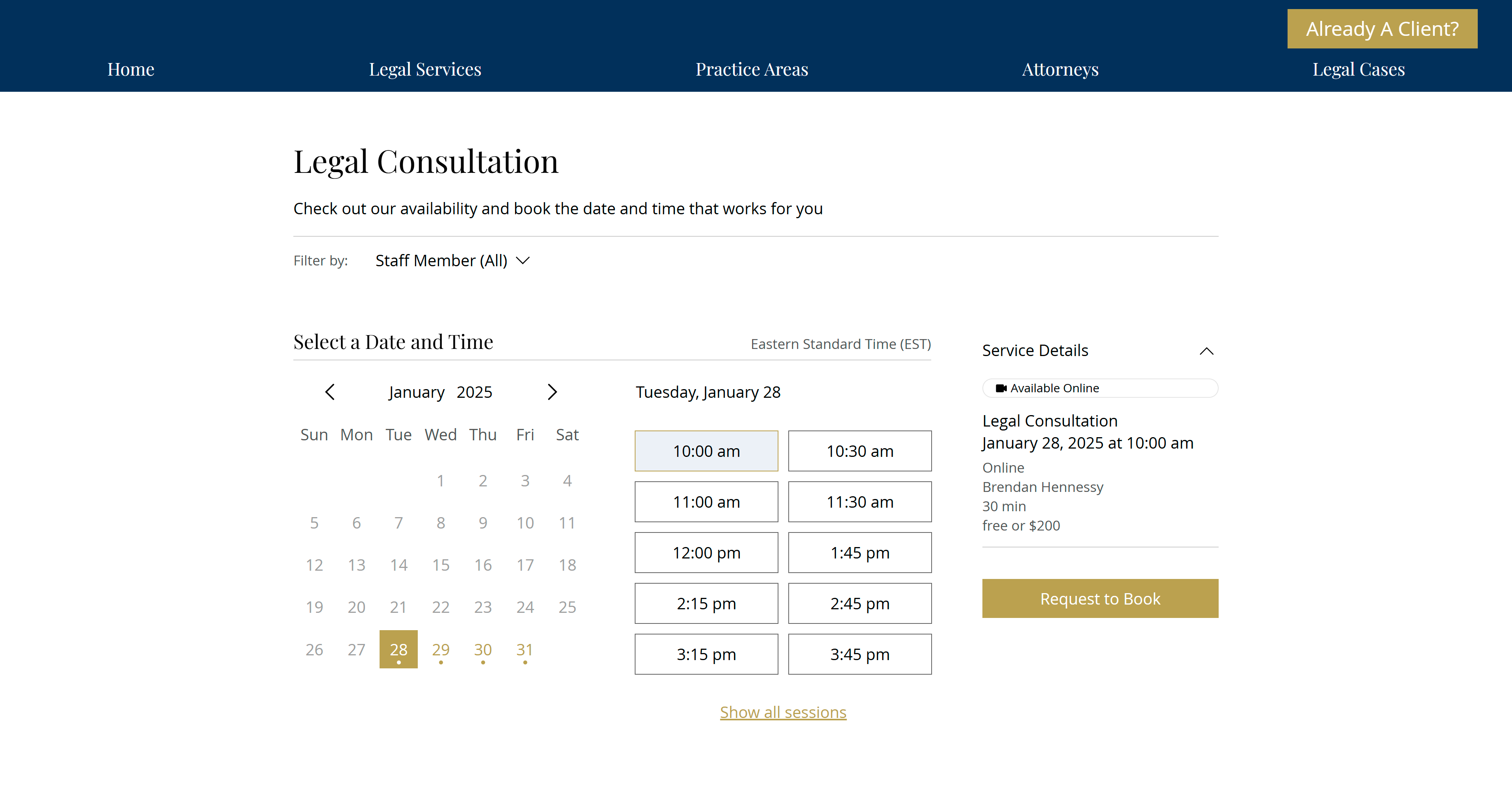 Legal consultation booking page with January 2025 calendar, time slots, and Request to Book button for a law firm.