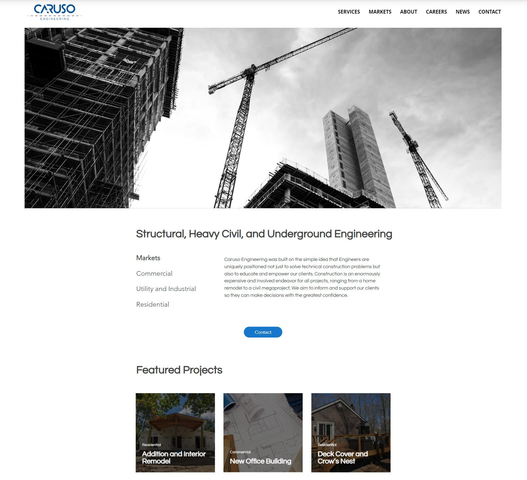 Engineering company website featuring structural, heavy civil, and underground engineering services with a blog feed displaying featured construction projects.
