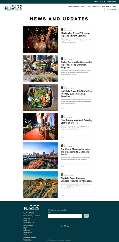 Blog feed for an event cleaning company showing featured images, titles, and short descriptions for each article with clickable links to read more.