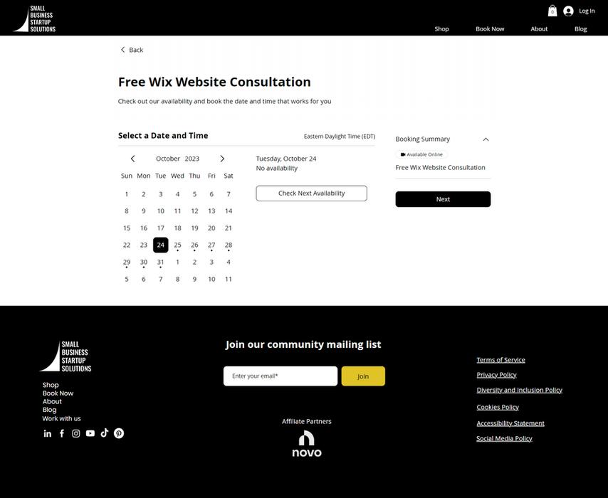 Online booking calendar for a consulting website, displaying available dates and times for appointments.