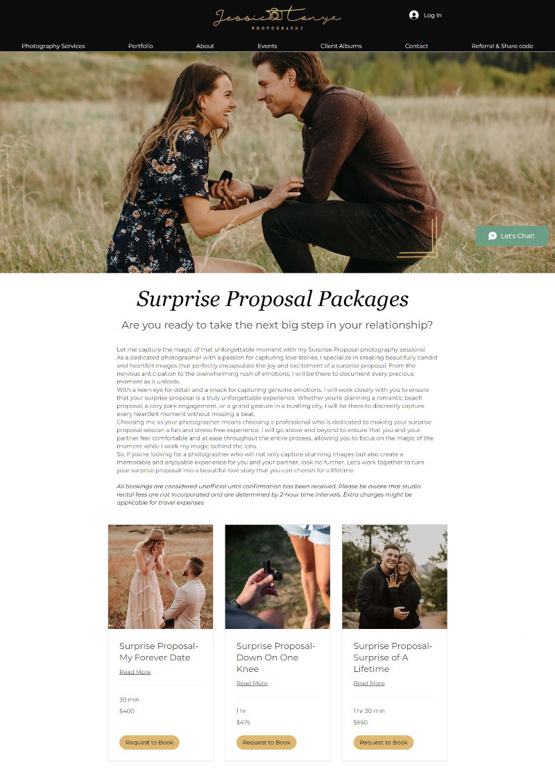Photography website showing a smiling couple in a grassy field; heading reads Surprise Proposal Packages.