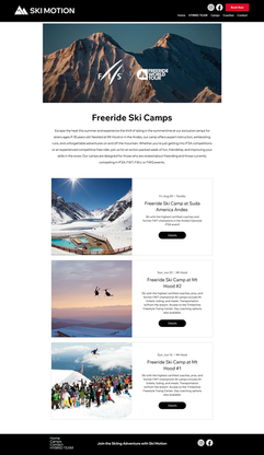 This events page showcases upcoming international ski camps with a large banner image at the top, followed by lead-in text that introduces the experience. Events are pulled in using an integrated feed, each displayed with images, dates, and details. Clear menu navigation supports easy access to other areas of the site while keeping the focus on the camp schedule.