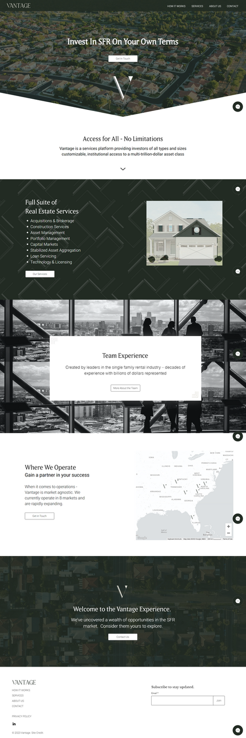 The homepage follows a clean, minimal layout aligned with the firm’s branding. A stylized “V” element from the firm’s name is used as a graphic divider between sections, reinforcing brand identity throughout the design. The layout includes a clear introduction, service overview, and call-to-action, with structured spacing and consistent typography to maintain a professional tone. Built for clarity, trust, and ease of navigation.