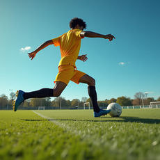 soccer player in a yellow uniform runs across a green field while kicking a soccer ball.