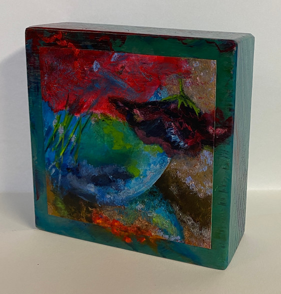blok blauw vaasje 3 | olie op hout | 12x12x4