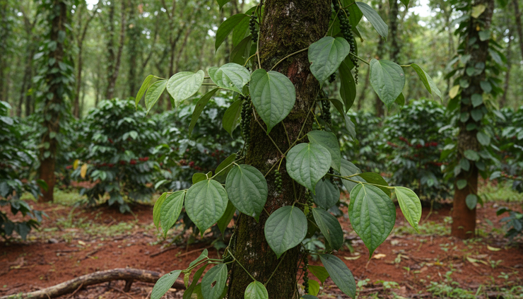 Close-up view of pepper vines growing on trees in Attappadi.
