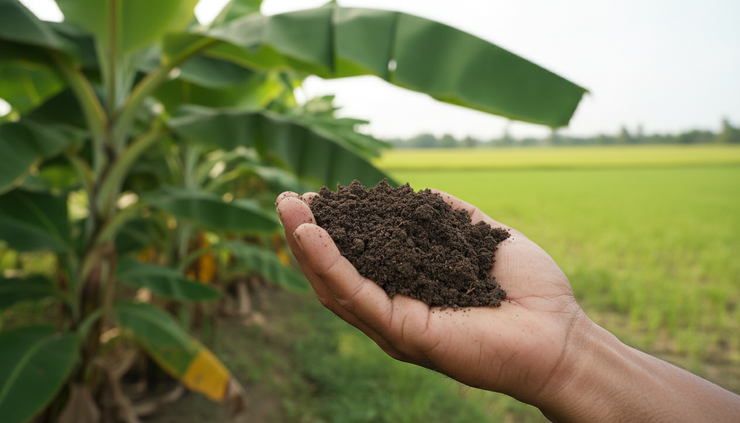 Close-up view of a farmer's hand holding soil in an agricultural plot near Agali