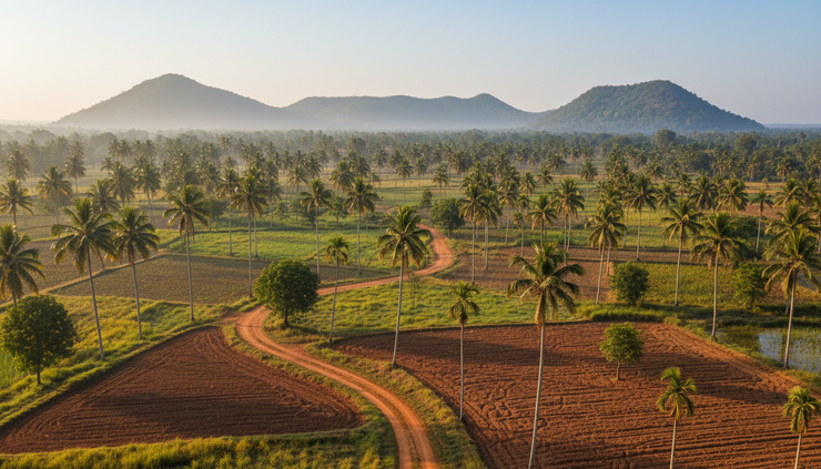 Wide-angle view of agricultural land near Agali.