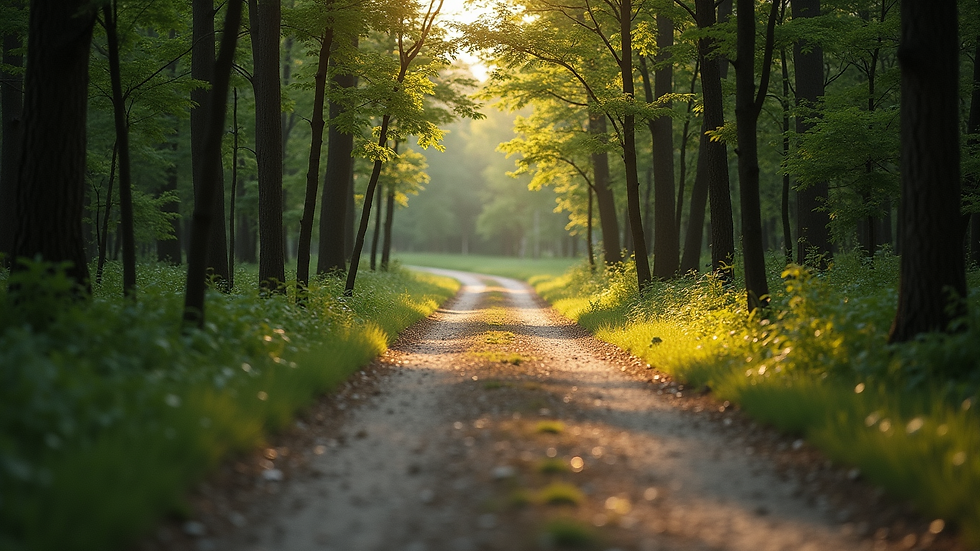 Eye-level view of a serene nature path surrounded by trees
