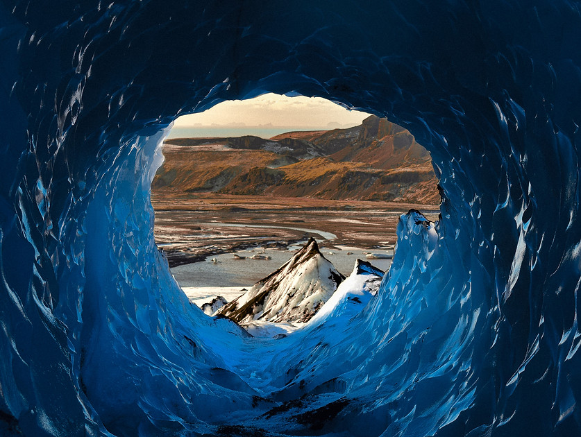 A photograph through an ice cave in Iceland