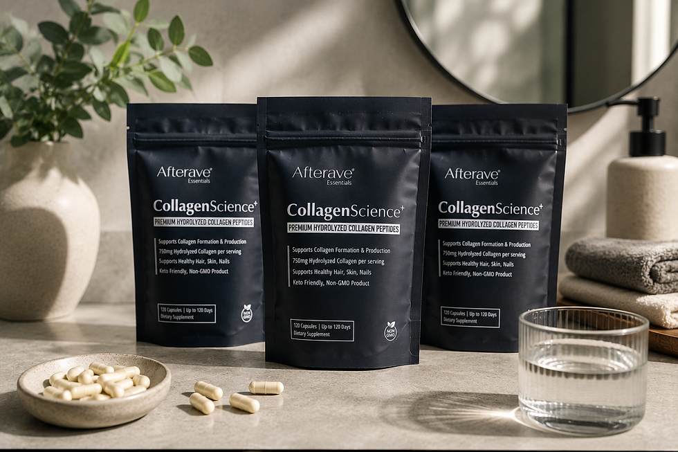 Tres empaques stand up pouch de CollagenScience+ de Afterave, cápsulas en plato y vaso de agua sobre encimera beige.