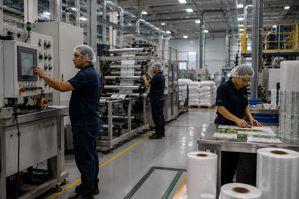 Tres operarios con redes revisan máquinas de empaquetado en una fábrica luminosa; una mujer inspecciona etiquetas en una mesa.