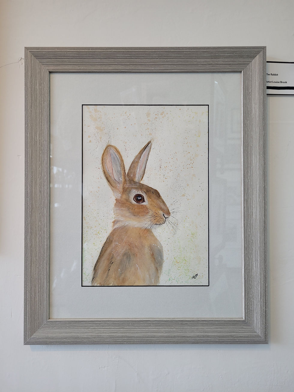 Thumbnail: Close up, front view of a framed Wild Rabbit painting. Original watercolour depicting an alert wild rabbit