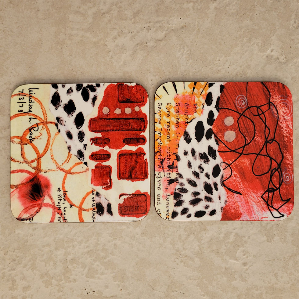 Set of 2 red abstract coasters. Mixed designs: Alizarin 1 & Alizarin 5