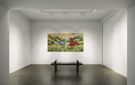 commissioned artwork depicting two wild horses galloping through an abstract landscape, presented in a gallery room setting.