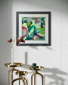 From Marks to Meaning I... an original abstract by Louise Brook, exploring symbols. Presented in a modern hallway setting.
