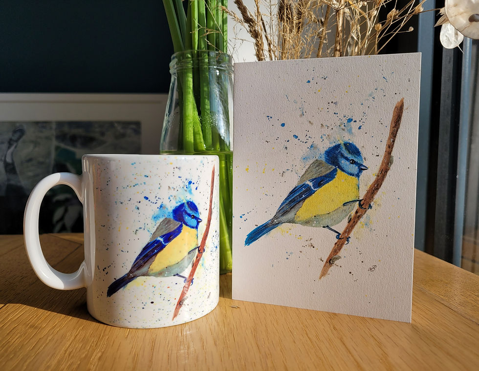 Thumbnail: Close up of a blue tit mug and matching greetings card. A watercolour blue tit against a white background.