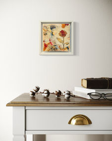Love from the Gentle Reminders Collection. A botanical mixed media abstract by Louise Brook. Shown in a hallway placement view.