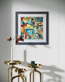 From Marks to Meaning III... an original abstract by Louise Brook, exploring symbols. Presented in a modern hallway view.