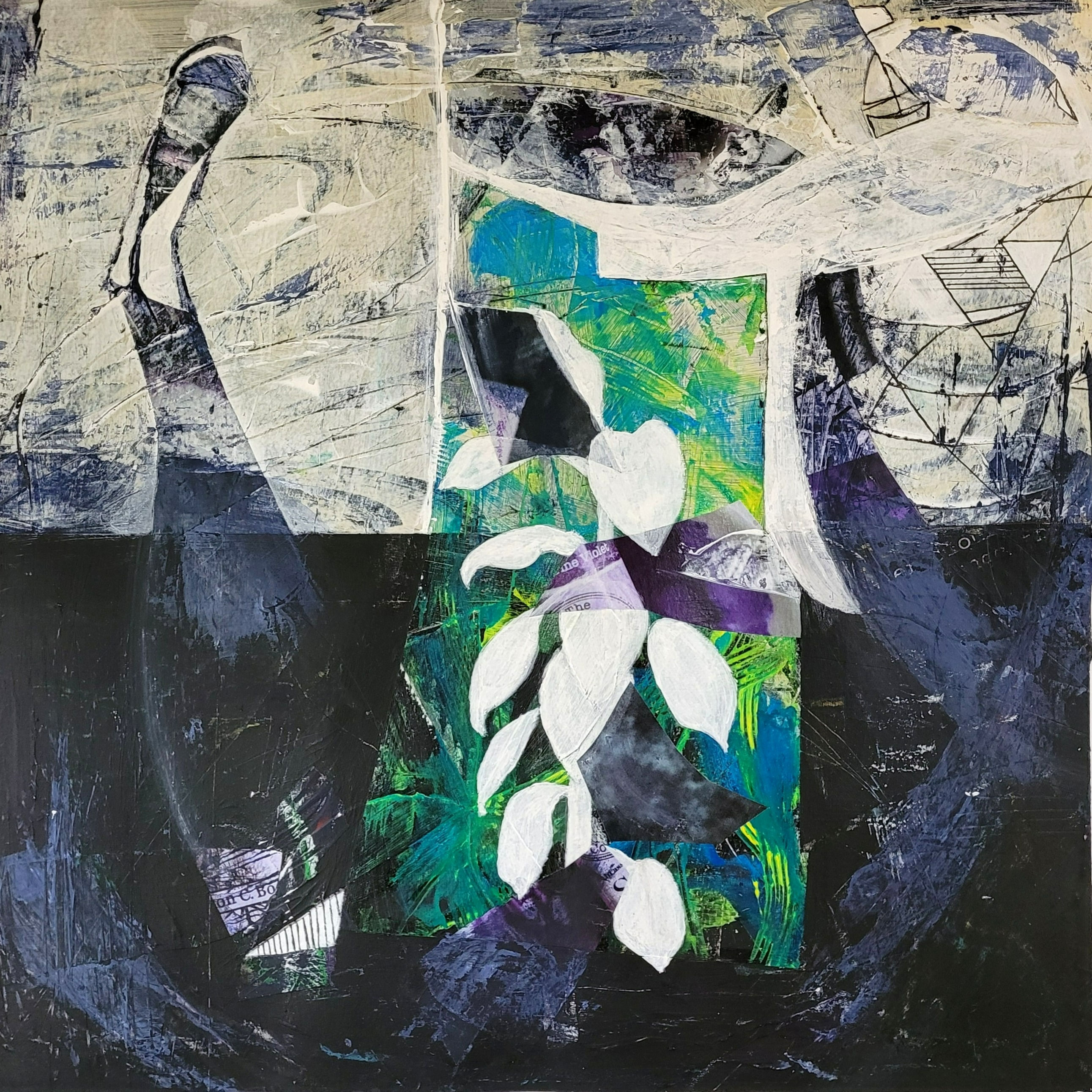 Angle view (from LHS) of New Horizons I, framed. A black, cream & green original abstract by Louise Brook