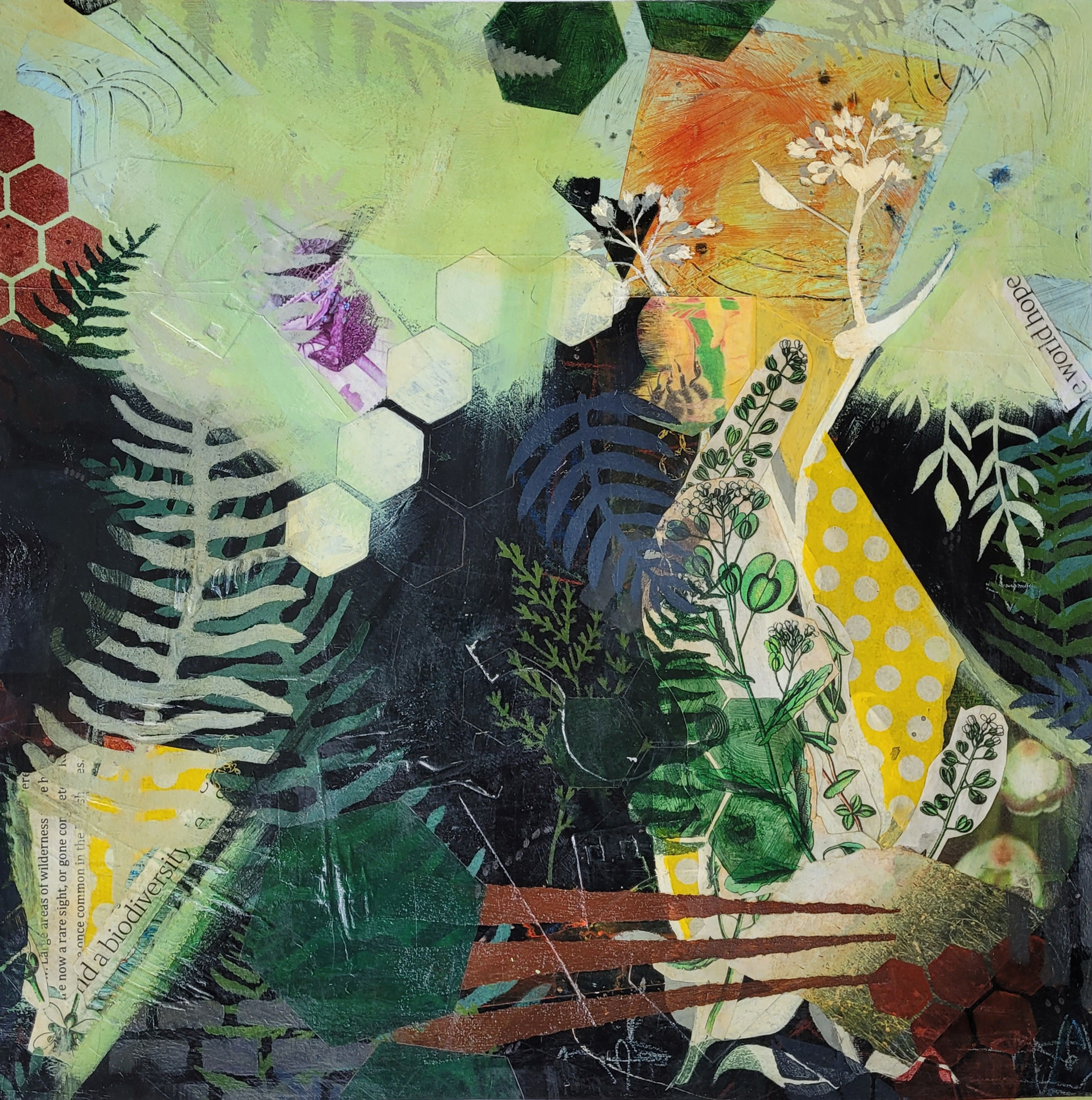 Cotswold Pennycress, a green/black abstract on the theme of Biodiversity, presented as a flat lay scan of the artwork