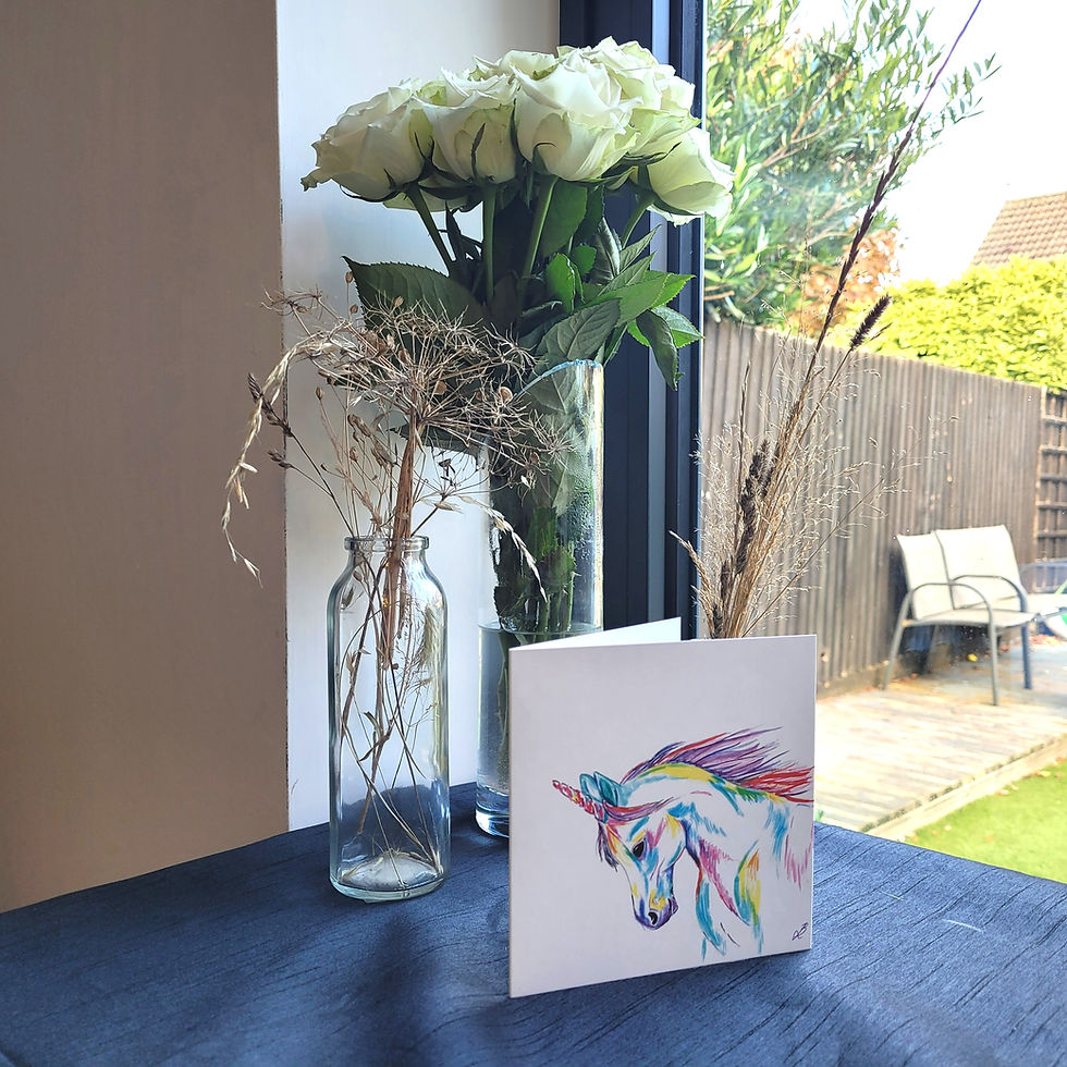 Thumbnail: Angle view of a rainbow unicorn greetings card