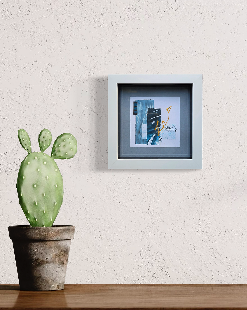 Thumbnail: Contours of Blue I. An abstract mixed media / collage mini by Louise Brook. Interior sideboard setting.