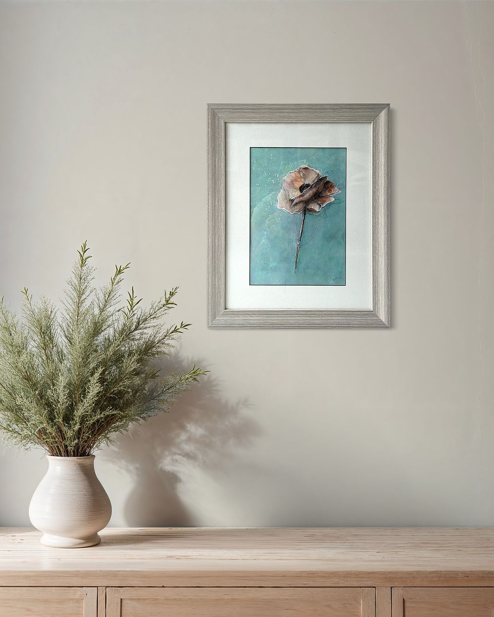 Thumbnail: Remember Me Softly I. A mixed media botanical abstract by Louise Brook. Presented in a modern hallway setting with plant.