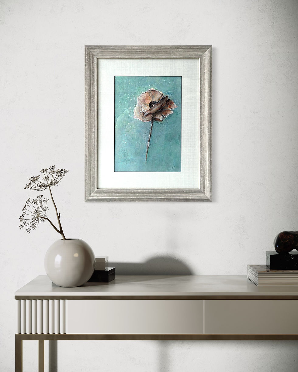 Thumbnail: Remember Me Softly I. A mixed media botanical abstract by Louise Brook. Presented in a modern sideboard setting with foliage.