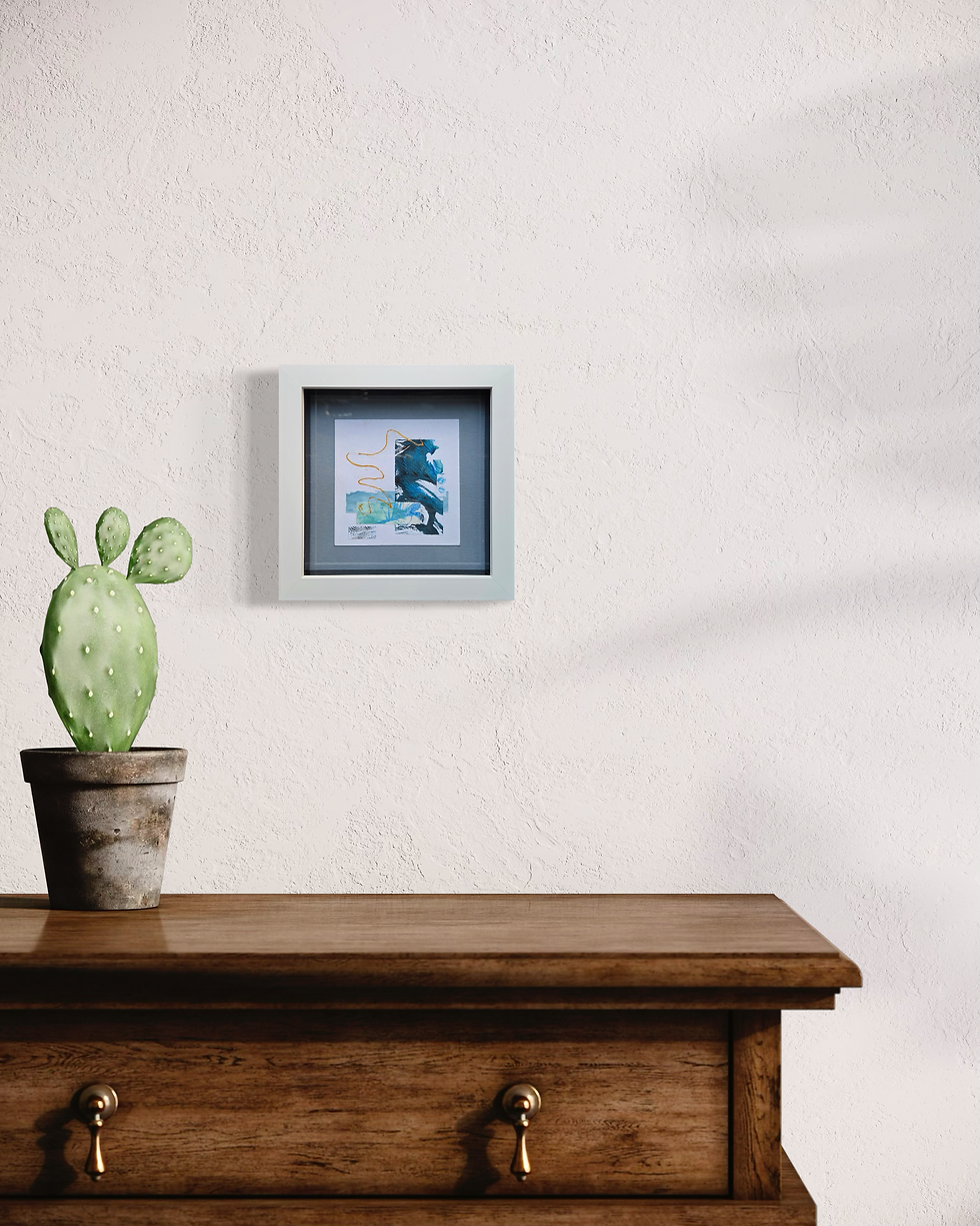 Thumbnail: Contours of Blue III. A mixed media / collage abstract mini by Louise Brook. Interior view with cactus.