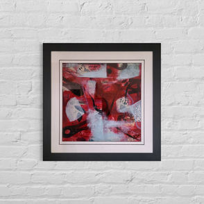 Bridges I, a bold red abstract inspired by the Evolution of Human intelligence. Presented in a gallery view.