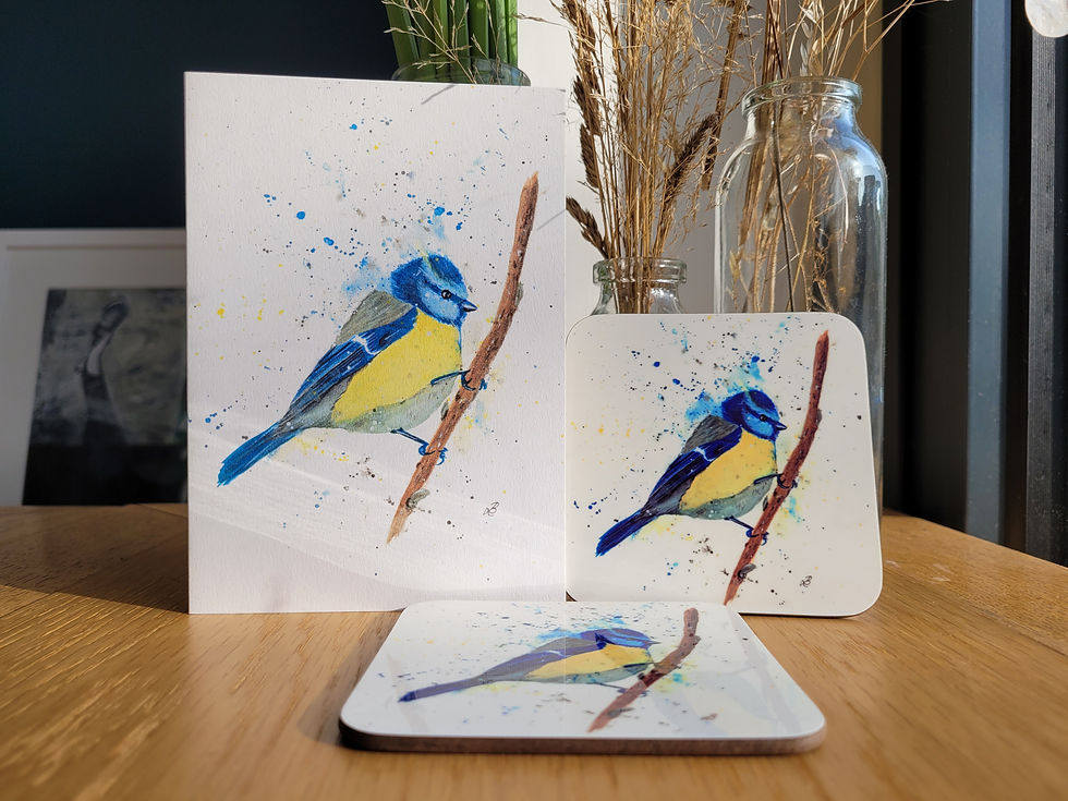 Thumbnail: Set of two blue tit coasters and matching greetings card. Watercolour blue tit bird on white background.