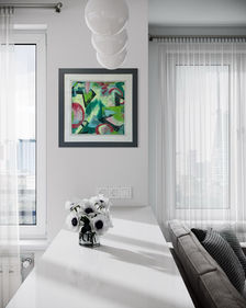 From Marks to Meaning I... an original abstract by Louise Brook, exploring symbols. Presented in modern kitchen view.