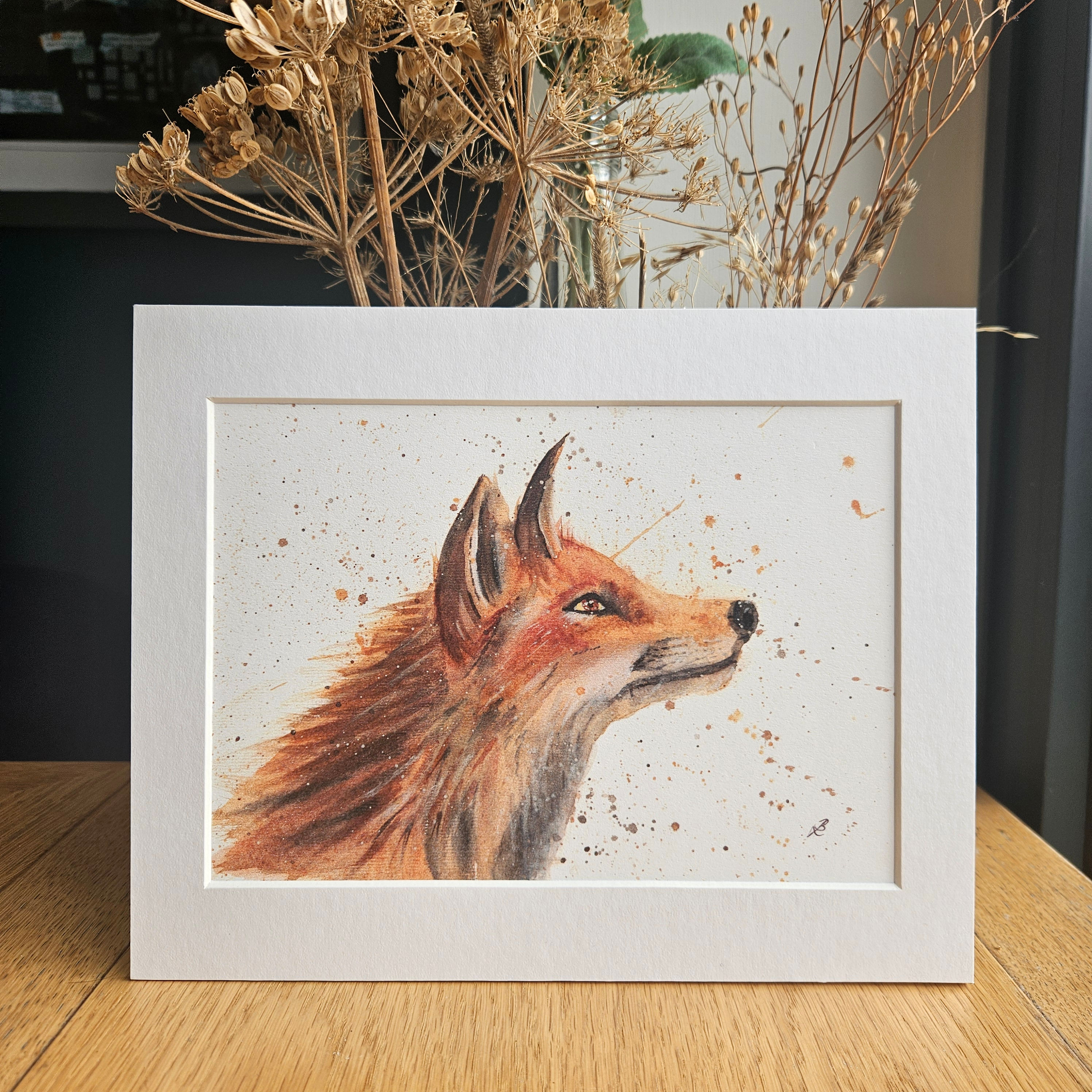 Close up of a mounted A5 print of a wild fox, in profile, painted in watercolour