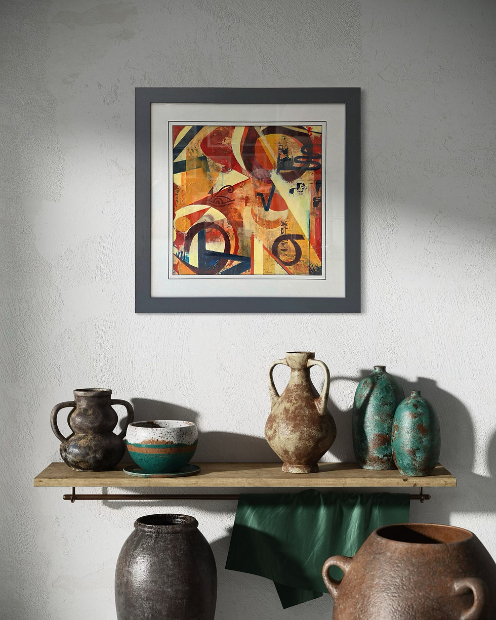 Thumbnail: From Marks to Meaning IV... an original abstract by Louise Brook, exploring symbols. Presented in a rustic hallway view.